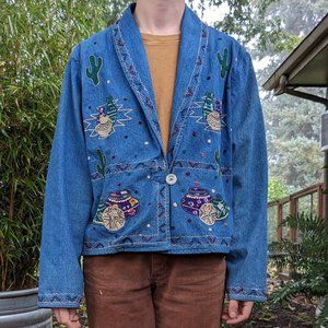 Vintage Southwestern Embroidered Applique Denim Cardigan